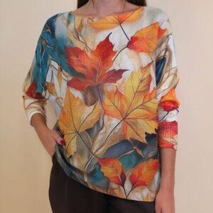Loowie Fall Leaves Top unique leaf pattern relaxed, boxy cut soft knit fabric OS